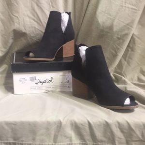 Cupid Black Suede Peep Toe Block Heel Ankle Boots NIB